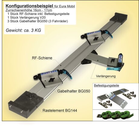 Fahrradtr&auml;ger RF-Schiene, L&auml;nge=110cm, an die Eura Mobil-Zurrschienen, Bodenh&ouml;he 15,5cm - 16,5cm
