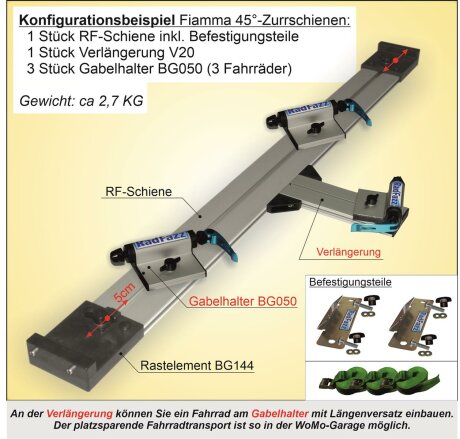 RF-Schiene (L=140cm) inkl. Befestigungsteile zum Einbau an die 45&deg; Fiamma Zurrschienen