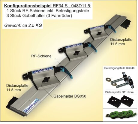 RF-Schiene inkl. Befestigungsteile mit 2x D11,5; L&auml;nge l=120cm; Befestigungspunkte P9, Gewindeabstand 107cm-117cm